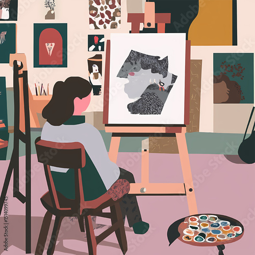 Creative Mind at Work: An artist deeply engrossed in painting, surrounded by artistic tools and finished art pieces, capturing a moment of inspiration and creative expression.