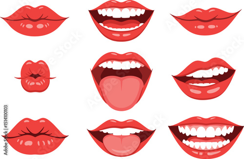 Red lips collection. Vector illustration of sexy woman's lips expressing different emotions, such as smile, kiss, half-open mouth, biting lip, lip licking, tongue out. Isolated on white.