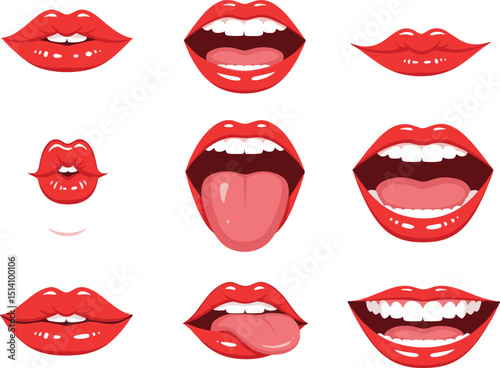Red lips collection. Vector illustration of sexy woman's lips expressing different emotions, such as smile, kiss, half-open mouth, biting lip, lip licking, tongue out. Isolated on white.