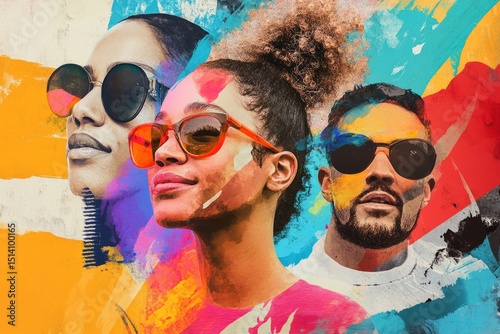 A vibrant collage-style illustration blending photographic elements and abstract shapes, celebrating multiracial LGBTQ family.Multiracial LGBTQ family.Diverse queer family.Inclusive family.