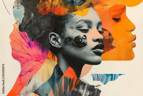 A vibrant collage-style illustration blending photographic elements and abstract shapes, celebrating multiracial LGBTQ family.Inclusive family.Multiracial LGBTQ family.Diverse queer family.