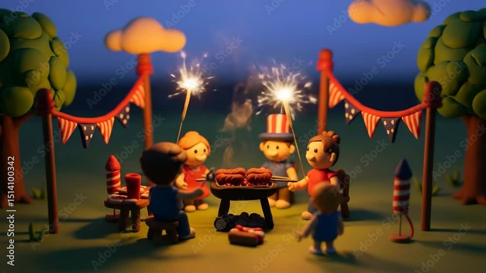 Cartoon-style family barbecue with children playing and sparklers glowing at night under patriotic decorations Playful family celebration.