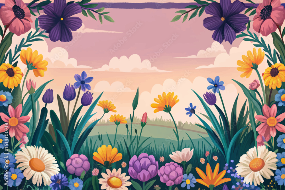 Flowers and grass border vector, meadow flowers and green grass illustration background Flowers and grass border vector, meadow flowers and green grass illustration background