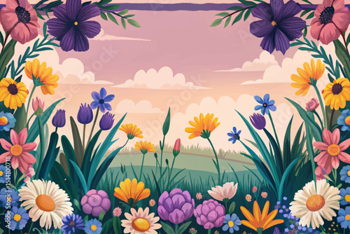 Flowers and grass border vector, meadow flowers and green grass illustration background