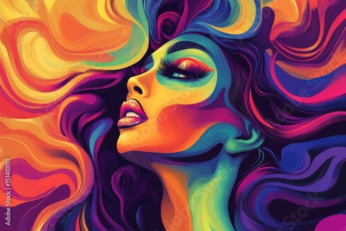 A vibrant, abstract illustration of a drag queen with flowing hair, oversized lashes, and an extravagant gown, blending dynamic colors.Queer icon.Drag queen.Fierce performer.Drag artistry.