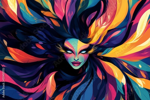 Queer icon.Drag queen.Fierce performer.Drag artistry.A vibrant, abstract illustration of a drag queen with flowing hair, oversized lashes, and an extravagant gown, blending dynamic colors