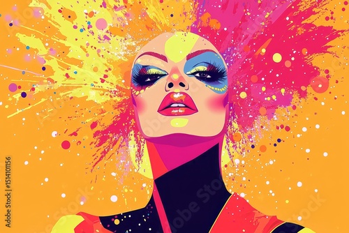 A modern, minimalistic illustration of a drag queen wearing a stylish, high-fashion outfit, surrounded by splashes of bright colors.Drag queen.Fierce performer.Drag artistry.Queer icon.
