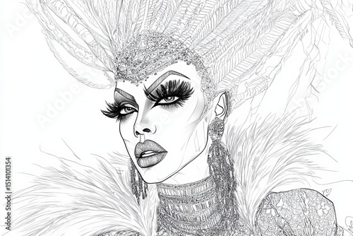 A detailed line drawing of a drag queen in a bold, couture outfit, with intricate makeup and a strong, confident posture.Queer icon.Drag queen.Fierce performer.Drag artistry.