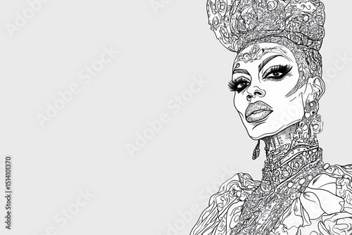 A detailed line drawing of a drag queen in a bold, couture outfit, with intricate makeup and a strong, confident posture.Drag queen.Fierce performer.Drag artistry.Queer icon.