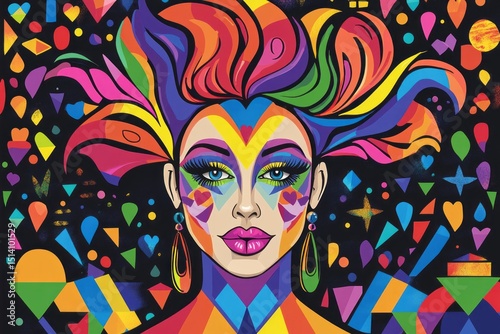 A vibrant, abstract illustration of a drag queen with rainbow hair and makeup, surrounded by geometric patterns and pride symbols.Drag queen pride.Pride celebration queen.Lgbtq+ drag.