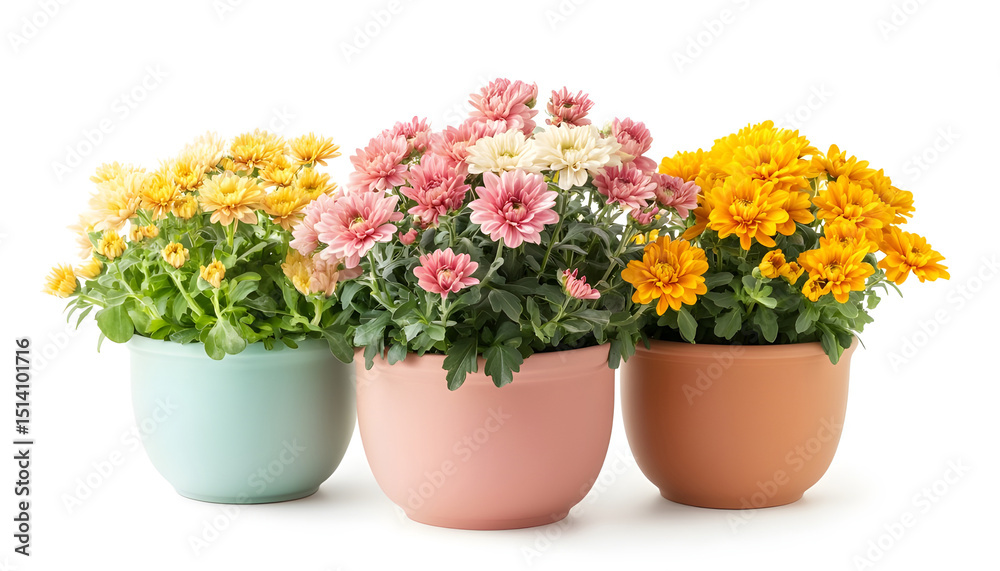 Pots with beautiful colorful chrysanthemum flowers on white background Pots with beautiful colorful chrysanthemum flowers on white background