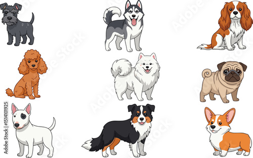 Dogs collection. Vector illustration of funny cartoon diverse breeds dogs in trendy flat style. Isolated on white.