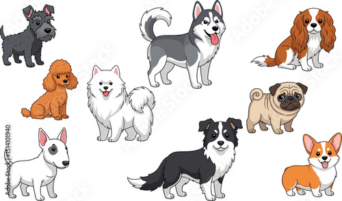 Dogs collection. Vector illustration of funny cartoon diverse breeds dogs in trendy flat style. Isolated on white.