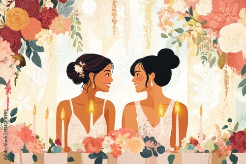 Lesbian wedding ceremony.Two women wedding.Female couple vows.Same-sex marriage.A charming illustration of a lesbians couple sitting at the head table during their wedding reception