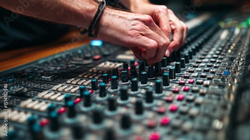Closeup of hands working on professional audio mixer, adjusting levels and equalization