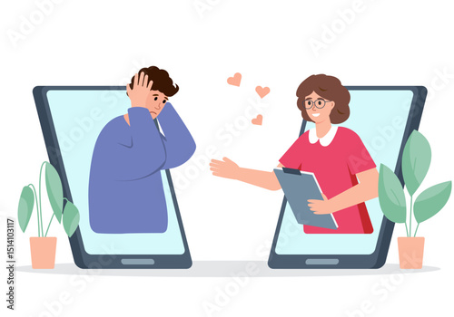 Psychologist or psychotherapist online. Man talking with psychologist online by smartphone. Video call, Remote Psychological Therapy Session. Mental health concept. Vector illustration.