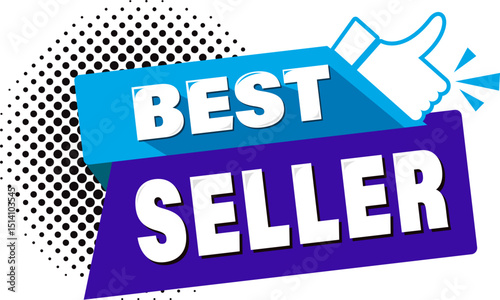 Best seller advertising sticker, Advertising sticker best seller with red thumb up. Vector on transparent background