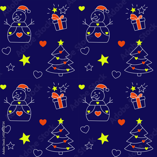 📄 Описание (150 символов):
Playful seamless vector pattern with snowmen, Christmas trees, stars, hearts, and gifts on dark blue. Perfect for kids’ holiday gift wrapping and fun packaging.