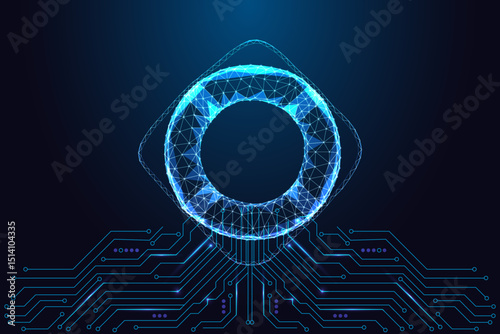 Trustworthy AI and risk management concept with glowing digital lifesaver ring on circuit background