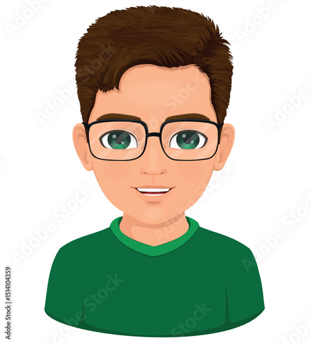 smiling young boy with brown hair and glasses