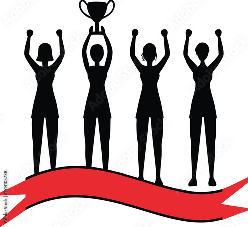 Silhouette of Women Celebrating Victory with Trophy on Red Ribbon
