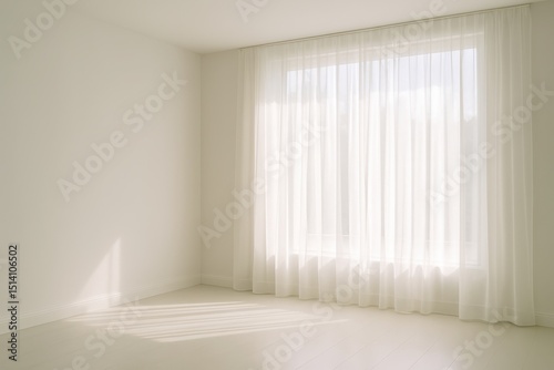 Bright and Airy Minimalist White Room Interior with a Large Window Draped with Sheer Flowing Curtains Allowing Soft Natural Light to Fill the Space
