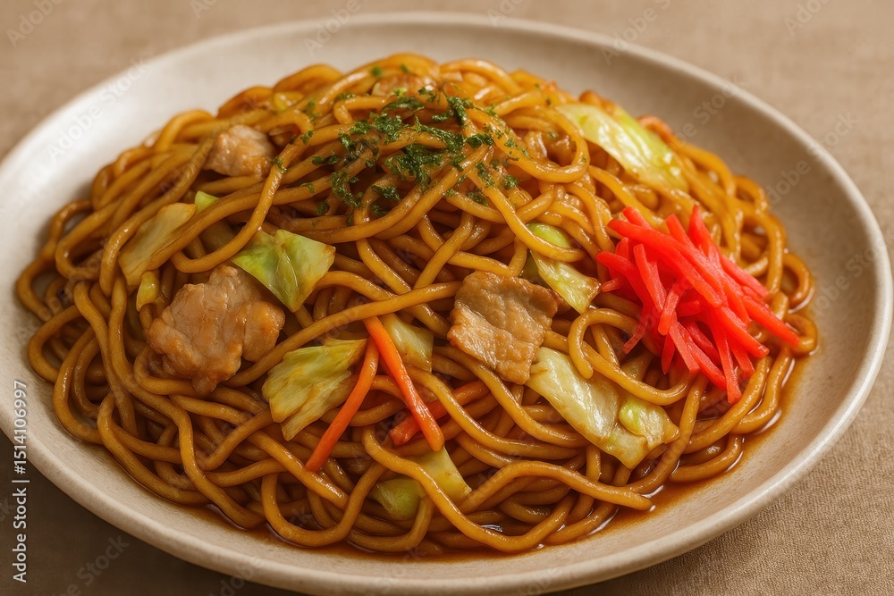 Delicious Plate of Stir-Fried Yakisoba Noodles with Pork Cabbage and Carrots Topped with Aonori and Pickled Ginger Japanese Street Food Classic Delicious Plate of Stir-Fried Yakisoba Noodles with Pork Cabbage and Carrots Topped with Aonori and Pickled Ginger Japanese Street Food Classic
