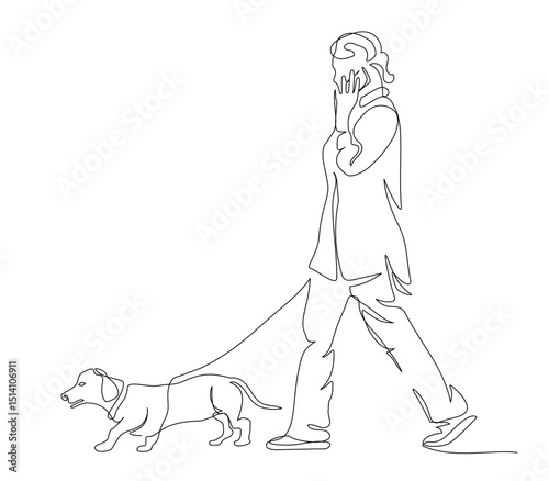 Woman with dog dachshund walking. Side view. Continuous line drawing. Black and white vector illustration in line art style.