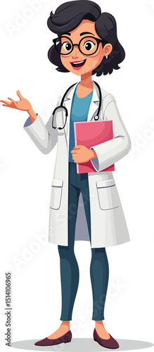 Cartoon doctor female character illustration with stethoscope and medical report for healthcare design