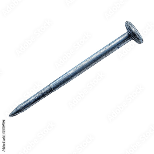 Close-up view of a single, metallic nail with a large, round head. The nail is sharply pointed and appears to be made of galvanized steel.