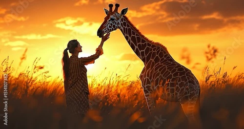 Woman's silhouette interacting with giraffe against a sunset, warm colors, creating a serene and engaging ambiance. The image features warm lighting and soft focus creating a peaceful atmosphere