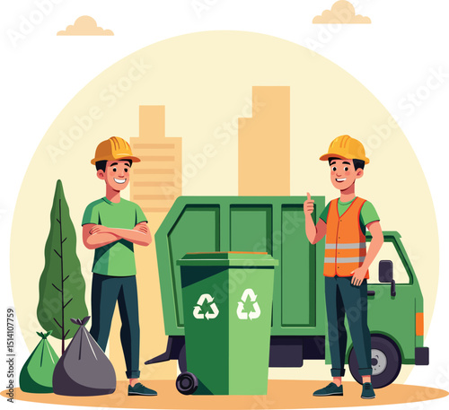 Cartoon garbage collection team with truck and recycling bin for waste management and environmental service