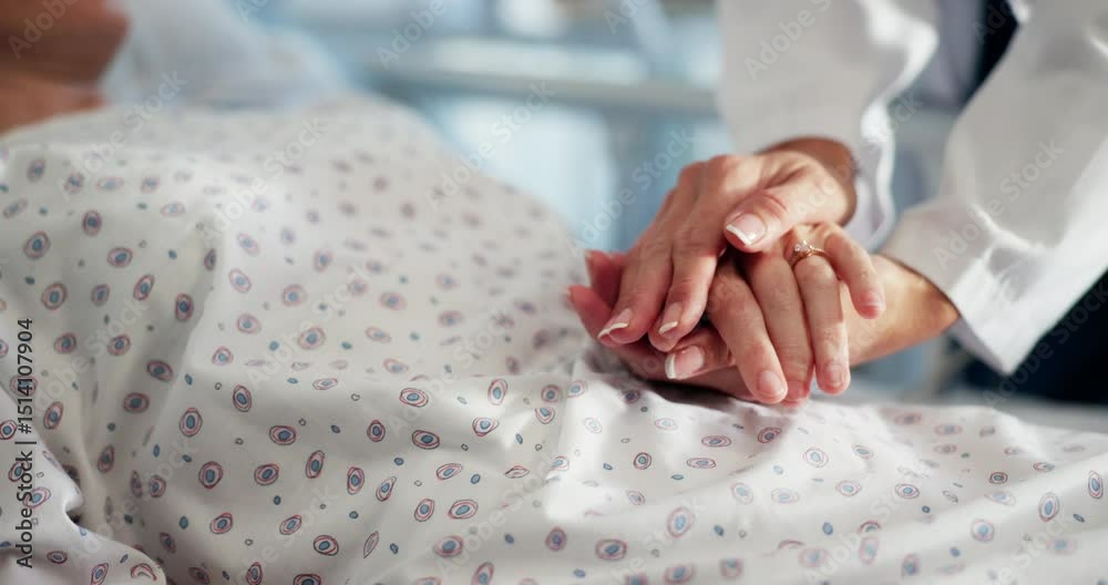 Doctor, hospital bed or holding hands with sick patient for recovery support, diagnosis or empathy. Healthcare, professional and comfort ill person for medical checkup, compassion and health results