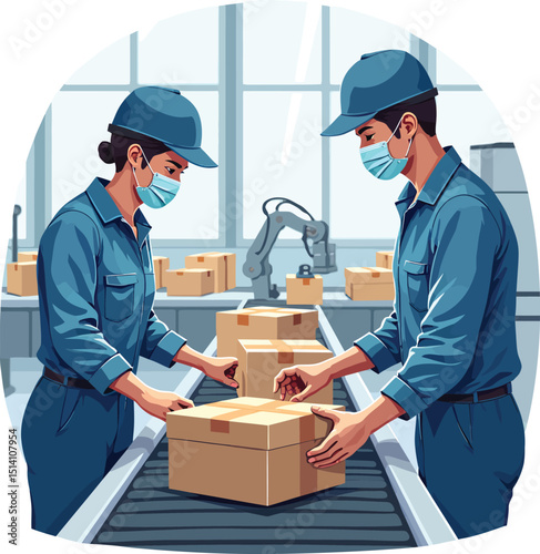 Warehouse workers wearing masks handling boxes on conveyor belt in factory setting illustration