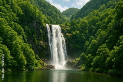 Majestic Waterfall Cascading Down Lush Green Mountains into a Serene River Surrounded by a Dense Untouched Rainforest Still Life Beauty of Nature