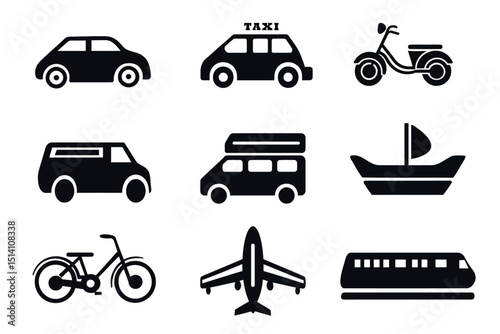 Transportation, transport and vehicles icon set. Vector illustration of travel, logistics, public transit concepts, car, train, bus, bicycle, boat, scooty and airplane. Glyph pictograms.