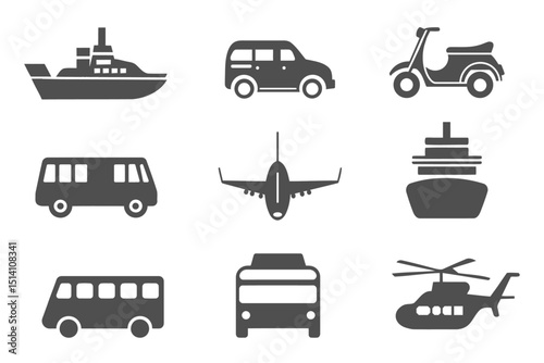 Transportation, transport and vehicles icon set. Vector illustration of travel, logistics, public transit concepts, car, van, bus, bike, ship, and airplane. Glyph pictograms black silhouette.