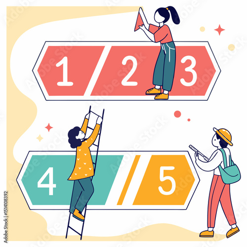 Vector art people interacting with numbered blocks in a whimsical illustration style vector graphic design