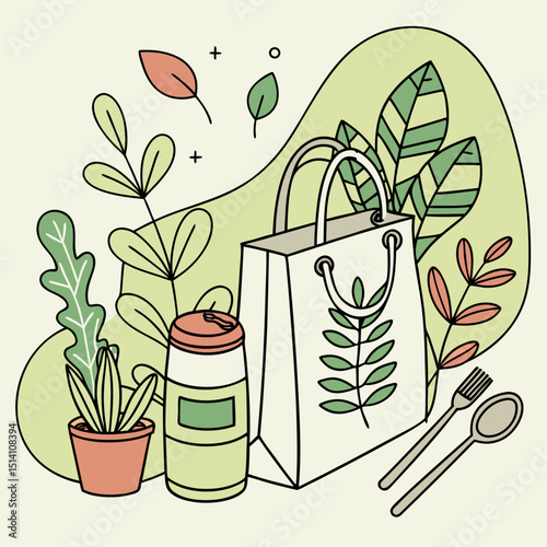 Vector art still life of reusable bag with plant design and other eco friendly items in a light color palette