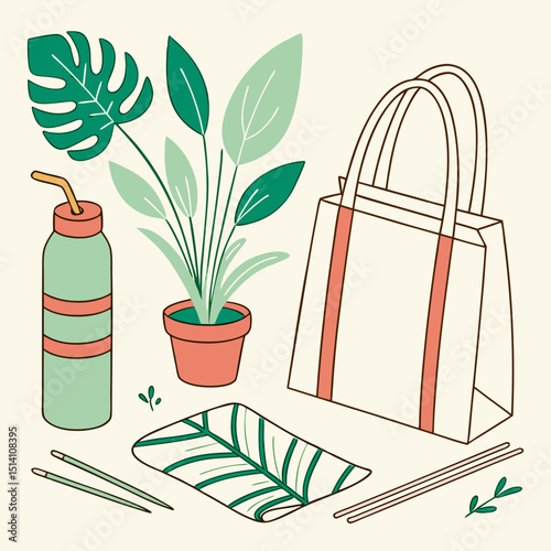 Vector art still life illustration of reusable items including a bag plant and water bottle on a table