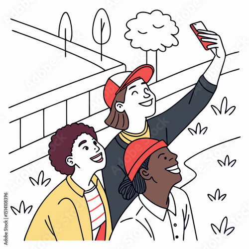 Vector art group of three friends taking a selfie together in the park on a sunny day with trees and grass