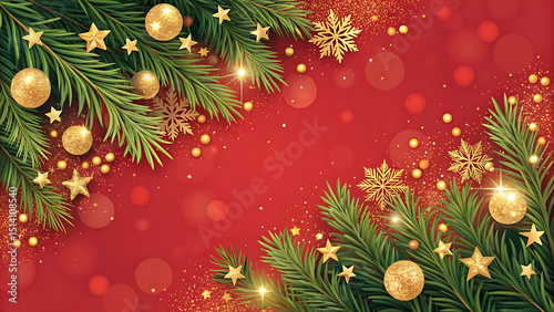 Christmas decoration border with fir branches and golden glitter confetti and sparkles of lights blur bokeh on red background. Bright Christmas and New Year design holiday frame. Vector illustration
