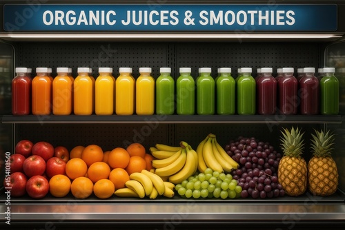 Fototapeta Naklejka Na Ścianę i Meble -  Vibrant Display of Fresh Organic Fruit Juices and Smoothies in a Supermarket Cooler Alongside an Abundance of Fresh Fruits like Apples Oranges and Bananas Healthy Consumerism