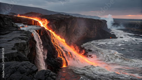 A cataclysmic eruption tears through a jagged cliff face, sending rivers of molten lava cascading over the fractured edge