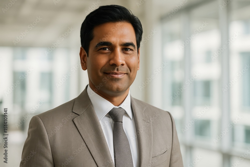 Confident and successful Indian businessman in his early 40s with neat black hair wearing a tailored light grey suit and a crisp white shirt standing with a slight smile in a modern office setting Confident and successful Indian businessman in his early 40s with neat black hair wearing a tailored light grey suit and a crisp white shirt standing with a slight smile in a modern office setting