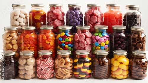 Collection of Jars Filled with Various Candies and Sweets Arranged in Rows on White Background
