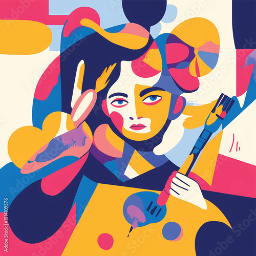 Abstract Portrait Woman with Guitar in Vibrant Color Blocks