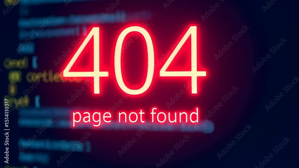 Glowing 404 error message on dark digital background, webpage not found.