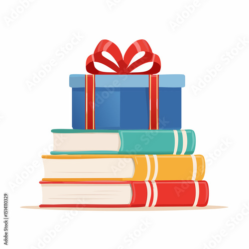 Flat Style Stack of Books with Gift Box Celebration Illustration