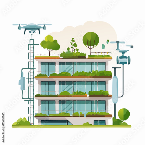 Smart urban farming system on city rooftops and vertical walls.